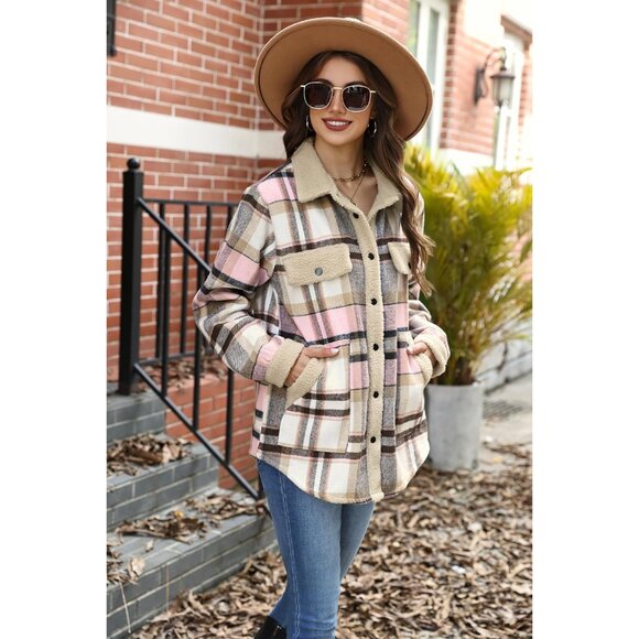 Womens Flannel Jacket Fleece Lined Shacket Fall Outfits Plaid Sherpa Button Down - Picture 3 of 8